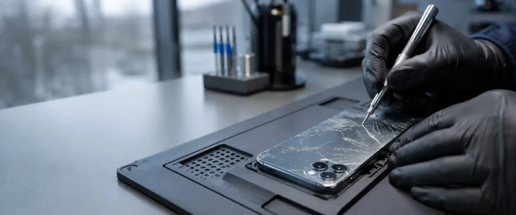 Technician repairing cracked iPhone back glass in Vancouver