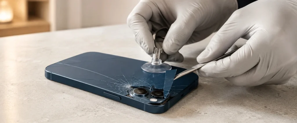 Technician repairing cracked iPhone back glass in Vancouver