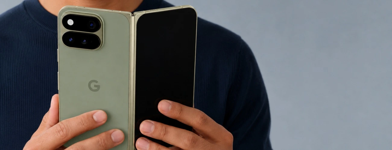 Person holding an open sage green Google Pixel 11 Pro Fold for repair service in Vancouver
